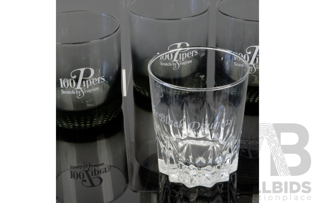 Set Six Retro Smokey Glass 100 Pipers Scotch by Seagrams Tumblers Along with Another