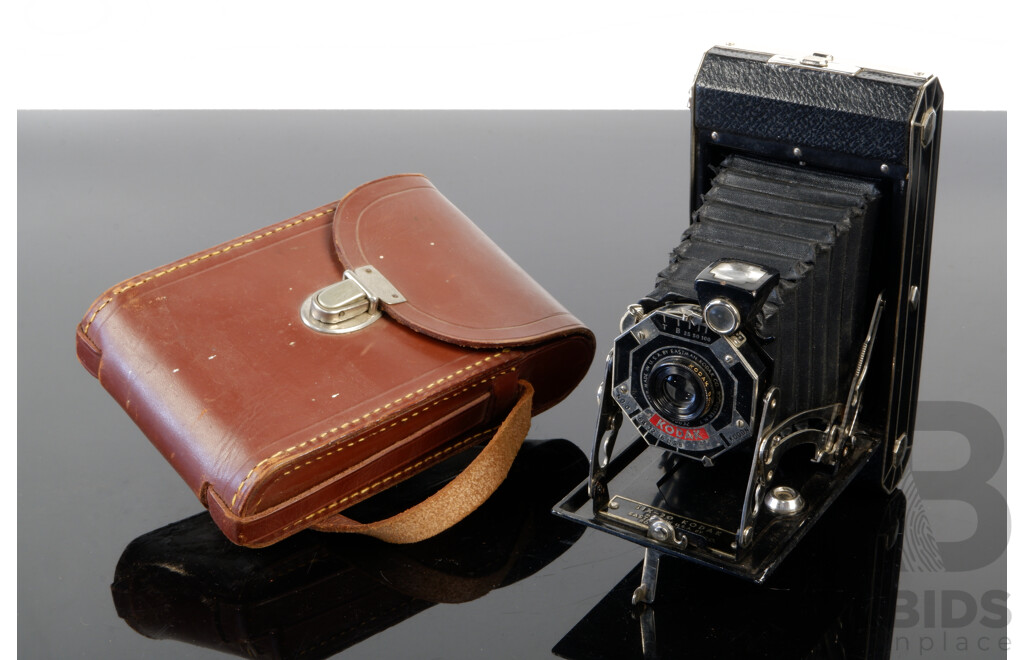 Vintage Kodak Bellows Film Camera in Leather Case with Original Travel Label