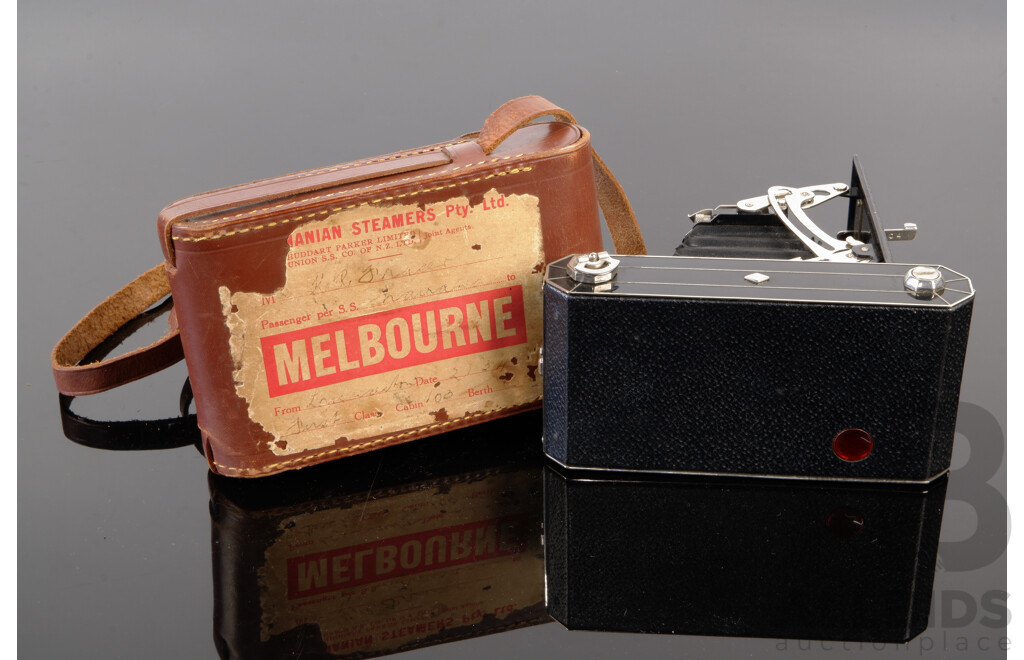 Vintage Kodak Bellows Film Camera in Leather Case with Original Travel Label