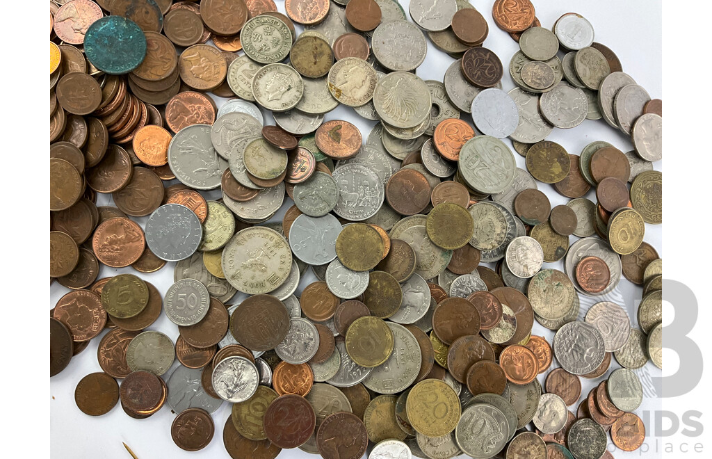 Collection of International Currency Including Australian Silver Predecimal, USA Silver Dimes, Fiji, Malaysia, Hong Kong, Singapore, Thailand, France, Germany and More - Approximately 2.9 Kilograms