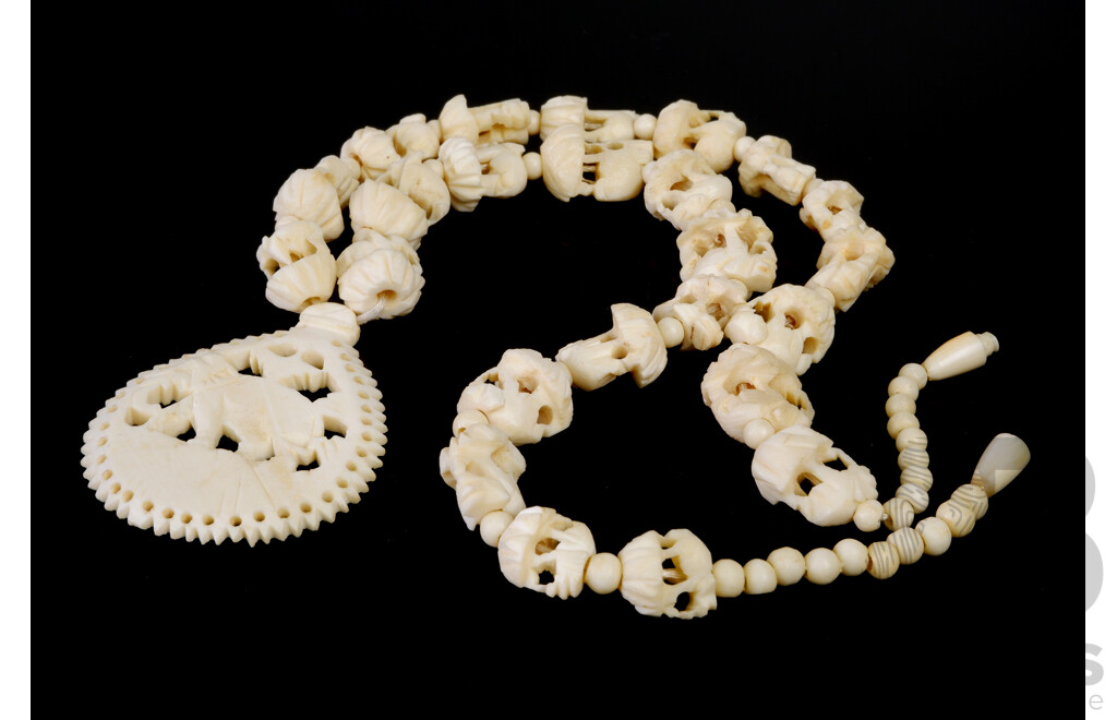 Vintage Ivory Necklace with Intricately Carved Elephant Beads & Pendant, 45cm