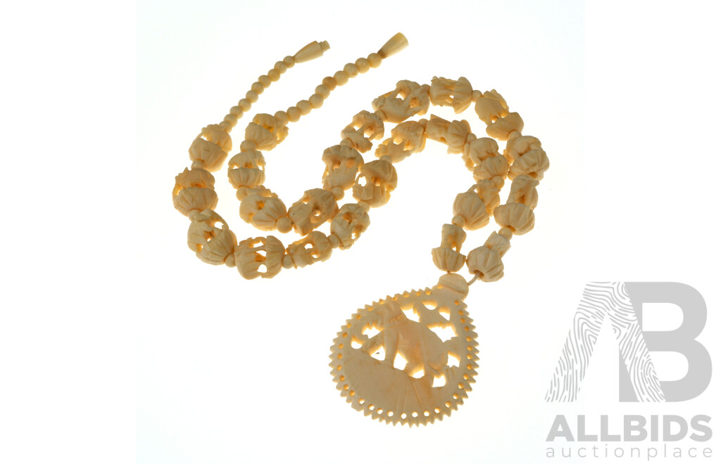 Vintage Ivory Necklace with Intricately Carved Elephant Beads & Pendant, 45cm