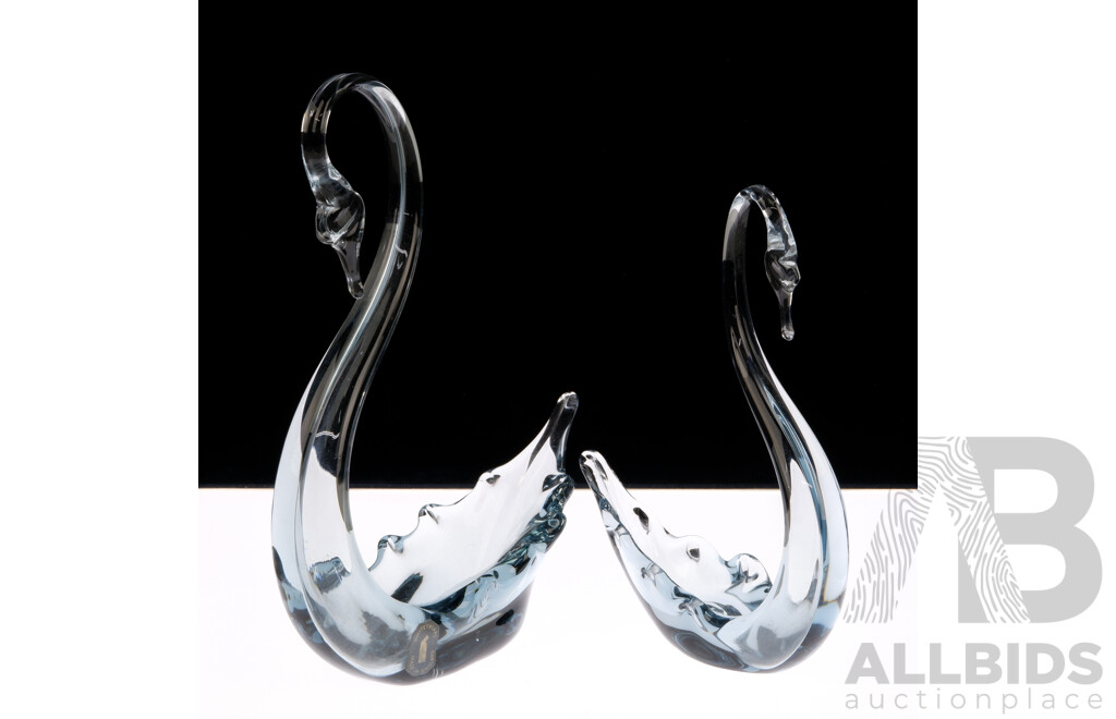 Two Mid Century English Whitefriars Glass Swan Figures