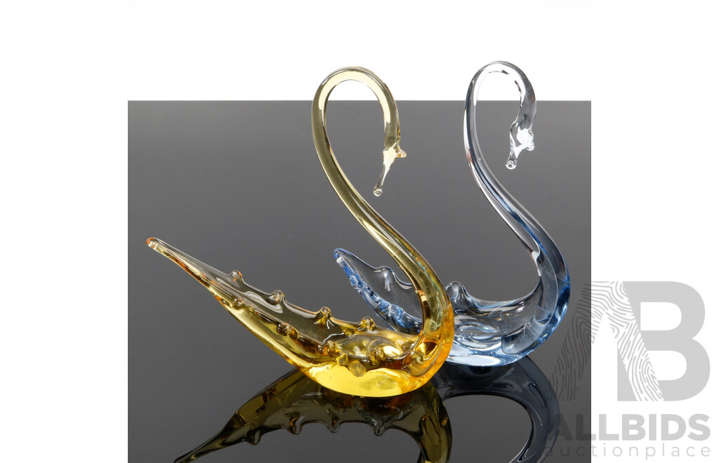 Two Mid Century English Whitefriars Glass Swan Figures