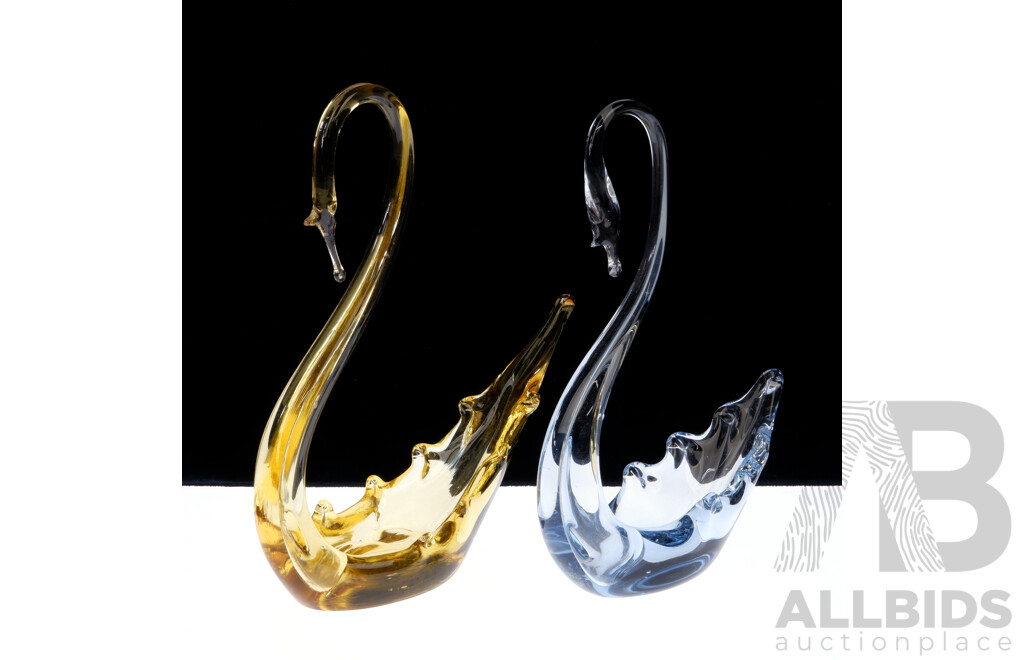 Two Mid Century English Whitefriars Glass Swan Figures