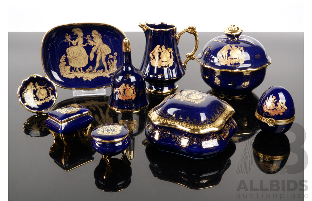 Collection French Blue and Gold Limoges Porcelain Including Lidded Trinket Dish and More