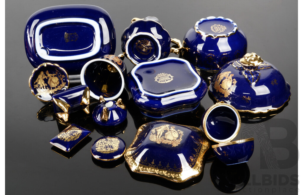 Collection French Blue and Gold Limoges Porcelain Including Lidded Trinket Dish and More