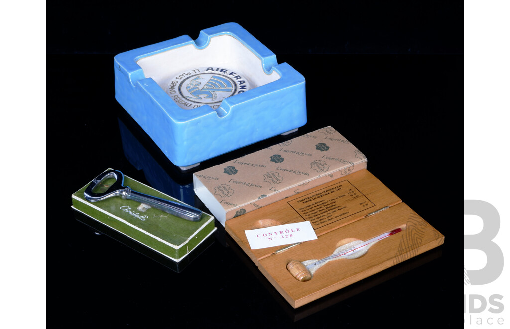 French Christofle Silver Plate Bottle Opener in Original Box, WIne Thermometer and Ceramic Air France Ashtray