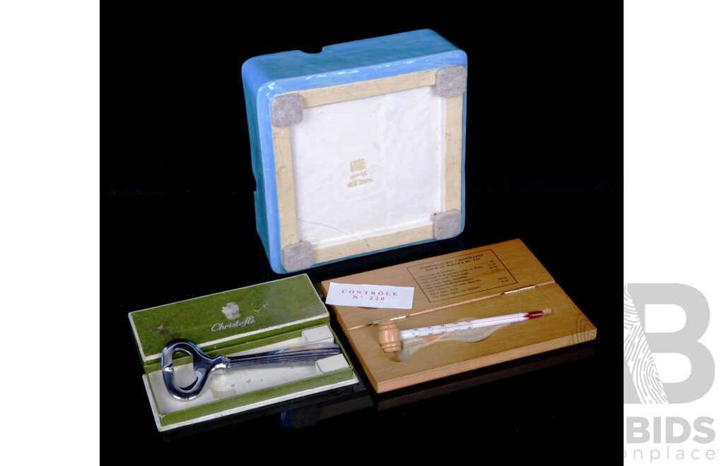 French Christofle Silver Plate Bottle Opener in Original Box, WIne Thermometer and Ceramic Air France Ashtray