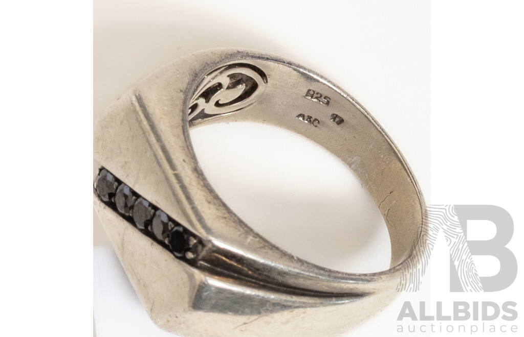 A&C Sterling Silver Black Diamond Signet Ring, TDW0.25ct, Size W, 7.37 Grams
