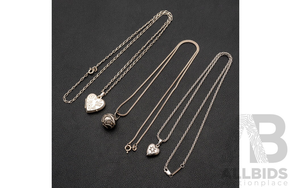 Sterling Silver CZ Heart Pendant with Rope Link Necklace, with Locket and Harmony Ball Necklaces, 19.49 Grams