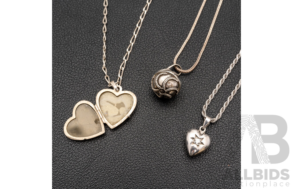 Sterling Silver CZ Heart Pendant with Rope Link Necklace, with Locket and Harmony Ball Necklaces, 19.49 Grams