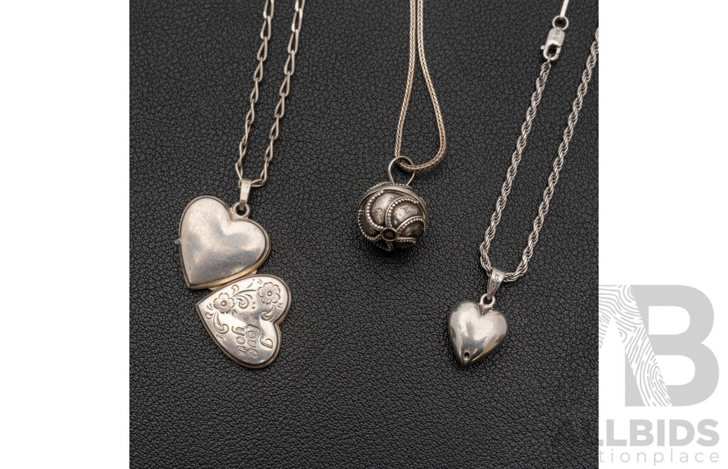 Sterling Silver CZ Heart Pendant with Rope Link Necklace, with Locket and Harmony Ball Necklaces, 19.49 Grams
