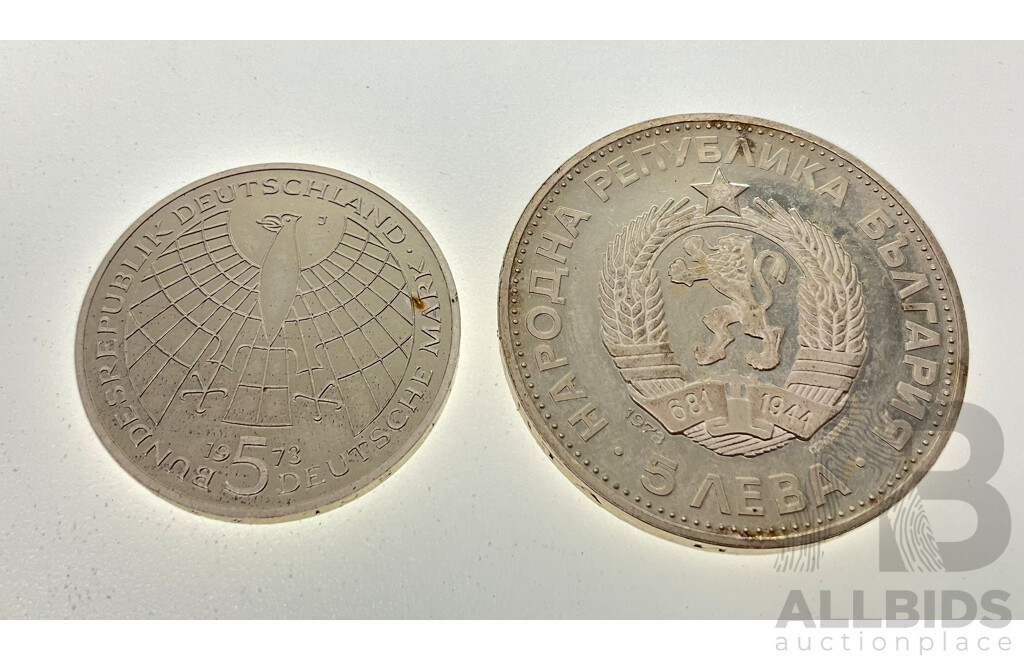 Germany 1973 Silver Deutsche Mark Coin, 500th Anniversary - Birth of Nicolaus Copernicus .625 and Bulgaria 1973 Silver Five Leva Coin, 100 Years Since the Death of Vasil Levski .900