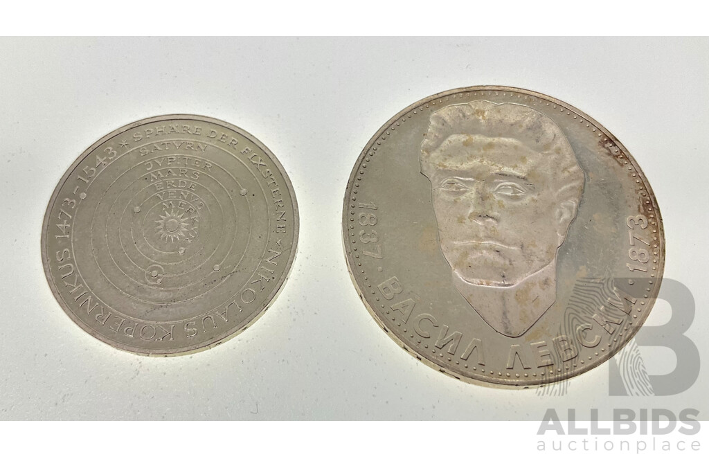 Germany 1973 Silver Deutsche Mark Coin, 500th Anniversary - Birth of Nicolaus Copernicus .625 and Bulgaria 1973 Silver Five Leva Coin, 100 Years Since the Death of Vasil Levski .900