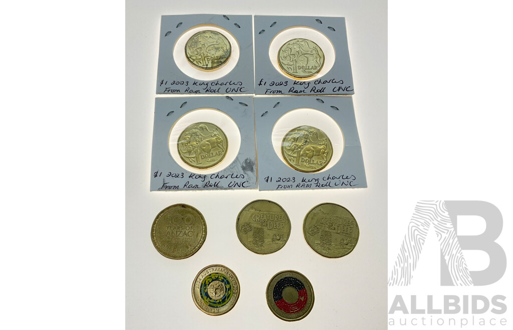 Seven Australian One Dollar Coins Including Four UNC 2023 KCIII, Two 2023 Creatures of the Deep, 2016 100 Years of ANZAC, Two Dollars 2021 Aboriginal Flag, 2024 Olympic Team
