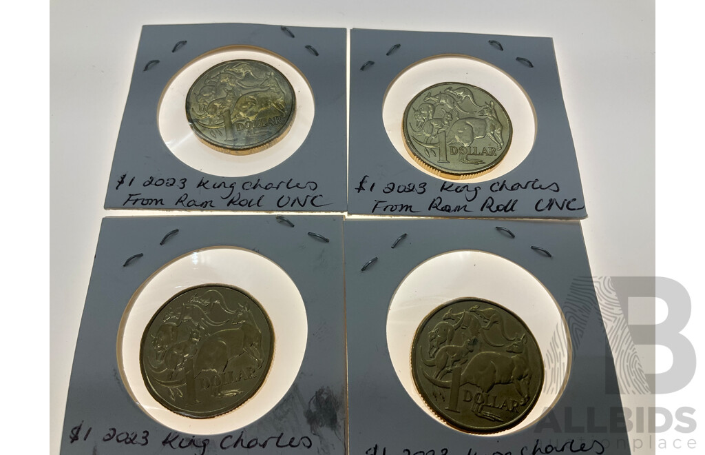 Seven Australian One Dollar Coins Including Four UNC 2023 KCIII, Two 2023 Creatures of the Deep, 2016 100 Years of ANZAC, Two Dollars 2021 Aboriginal Flag, 2024 Olympic Team