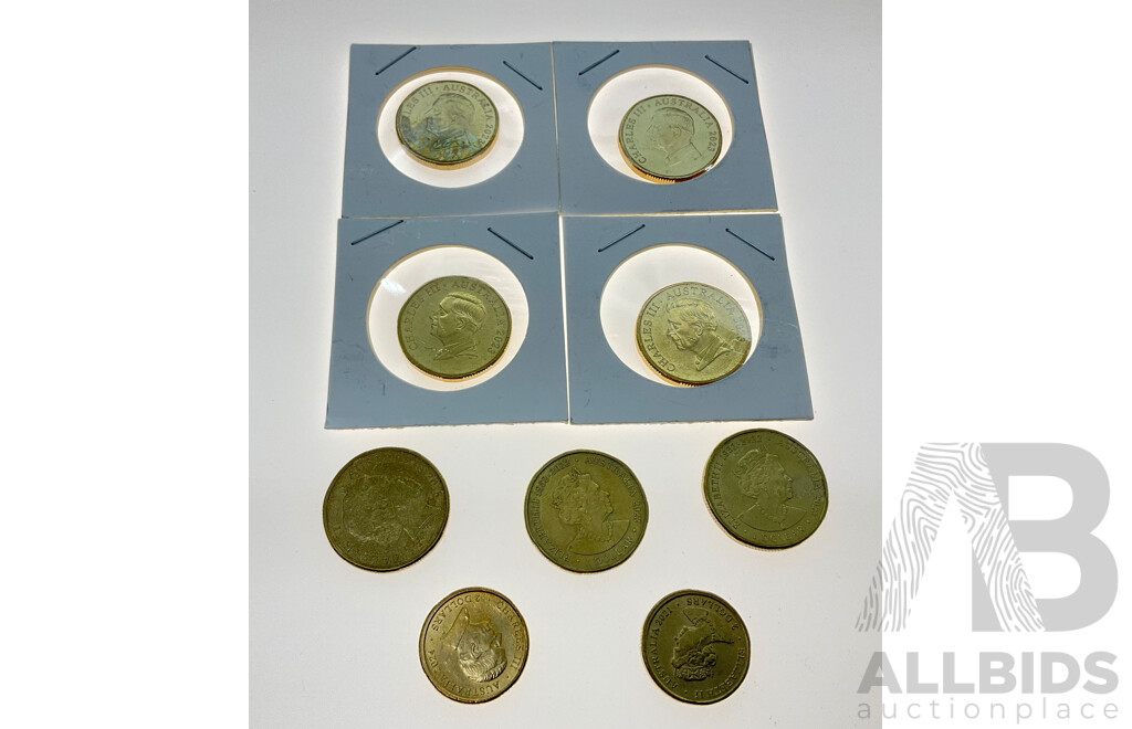 Seven Australian One Dollar Coins Including Four UNC 2023 KCIII, Two 2023 Creatures of the Deep, 2016 100 Years of ANZAC, Two Dollars 2021 Aboriginal Flag, 2024 Olympic Team