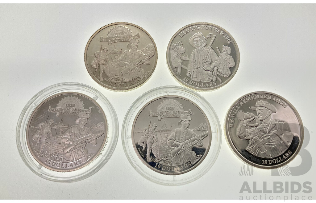 Five Kiribati Silver Ten Dollar Coins, 2012, 2014, 2015, Commemorative WWI .500