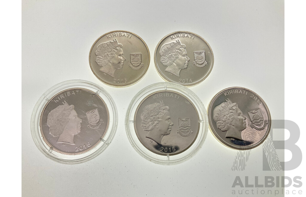Five Kiribati Silver Ten Dollar Coins, 2012, 2014, 2015, Commemorative WWI .500