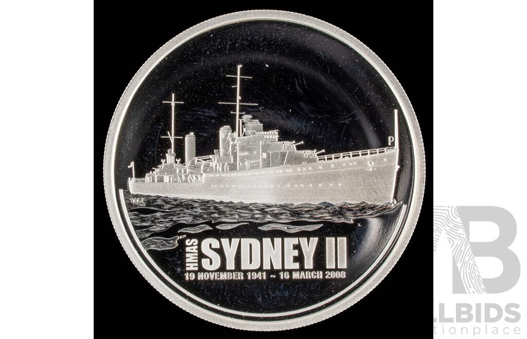 Australian Perth Mint 2008 Silver Proof One Dollar Coin, HMAS Sydney II .999