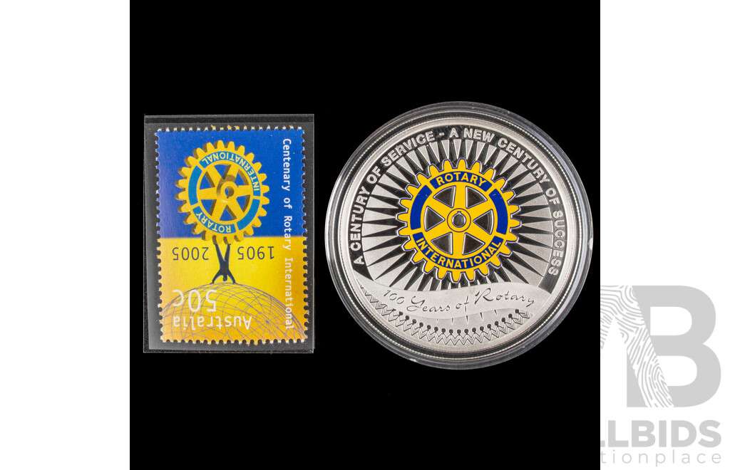 Australian Perth Mint 2005 Silver Proof One Dollar Coin and Stamp Set, Rotary International 100 Years of Service  .999