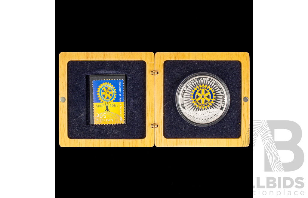 Australian Perth Mint 2005 Silver Proof One Dollar Coin and Stamp Set, Rotary International 100 Years of Service  .999