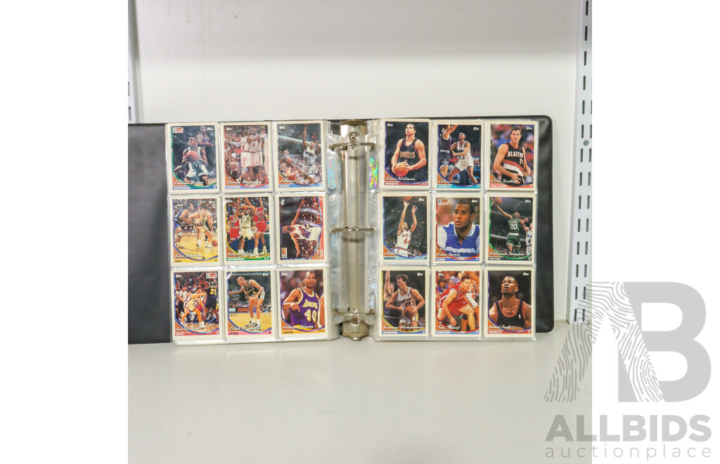 Album of Topps 1993/95 NBA Collector Cards Including Micheal Jordan, Charles Barkley, John Stockton, Karl Malone, Clyde Drexler, Hakeem Olajuwon, Shawn Kemp, David Robinson, Isiah Thomas, Shaq, Chris Webber and More