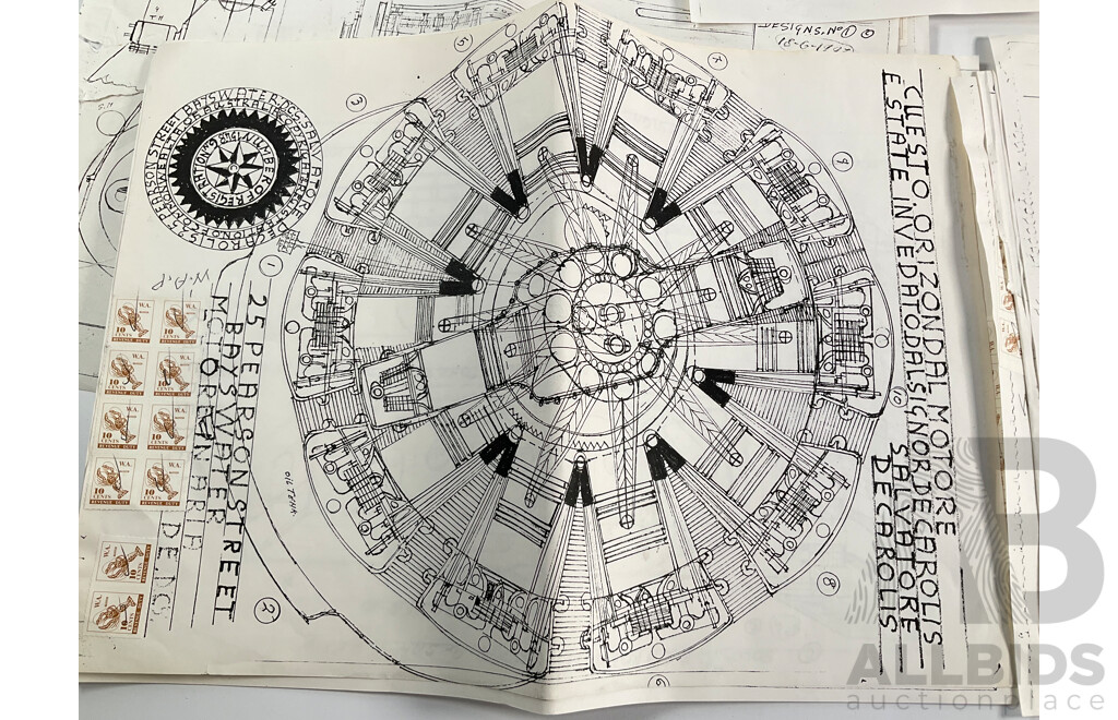 Collection of Vintage Drawings Submitted to Patent Office, Radial Engine, Six Cylinder Heads, Inlet/Outlet Valve Train, All with Western Australia Revenue Stamps