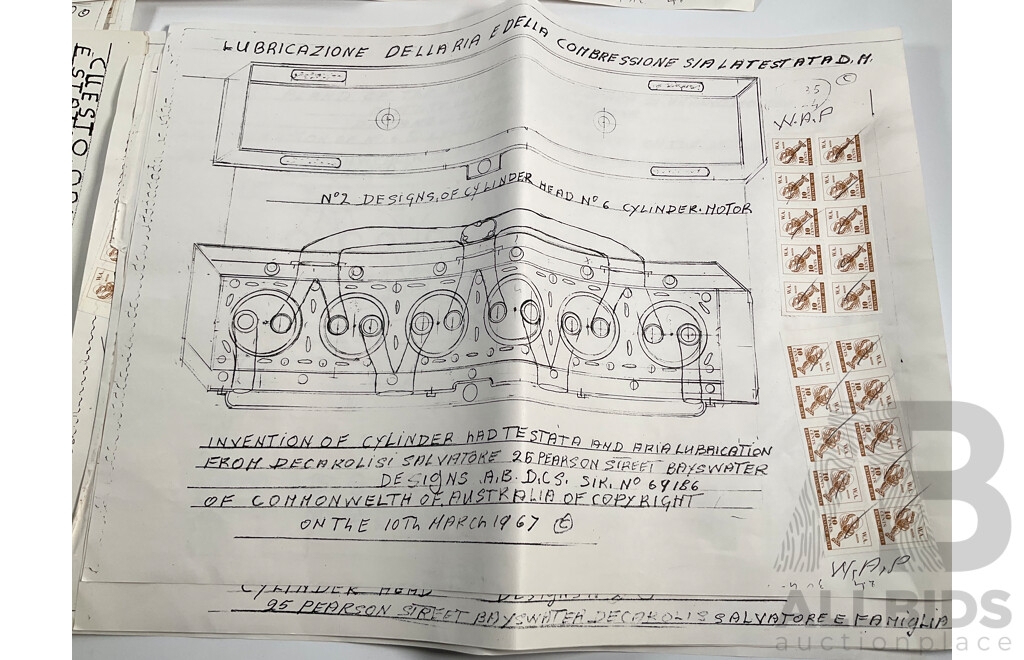 Collection of Vintage Drawings Submitted to Patent Office, Radial Engine, Six Cylinder Heads, Inlet/Outlet Valve Train, All with Western Australia Revenue Stamps