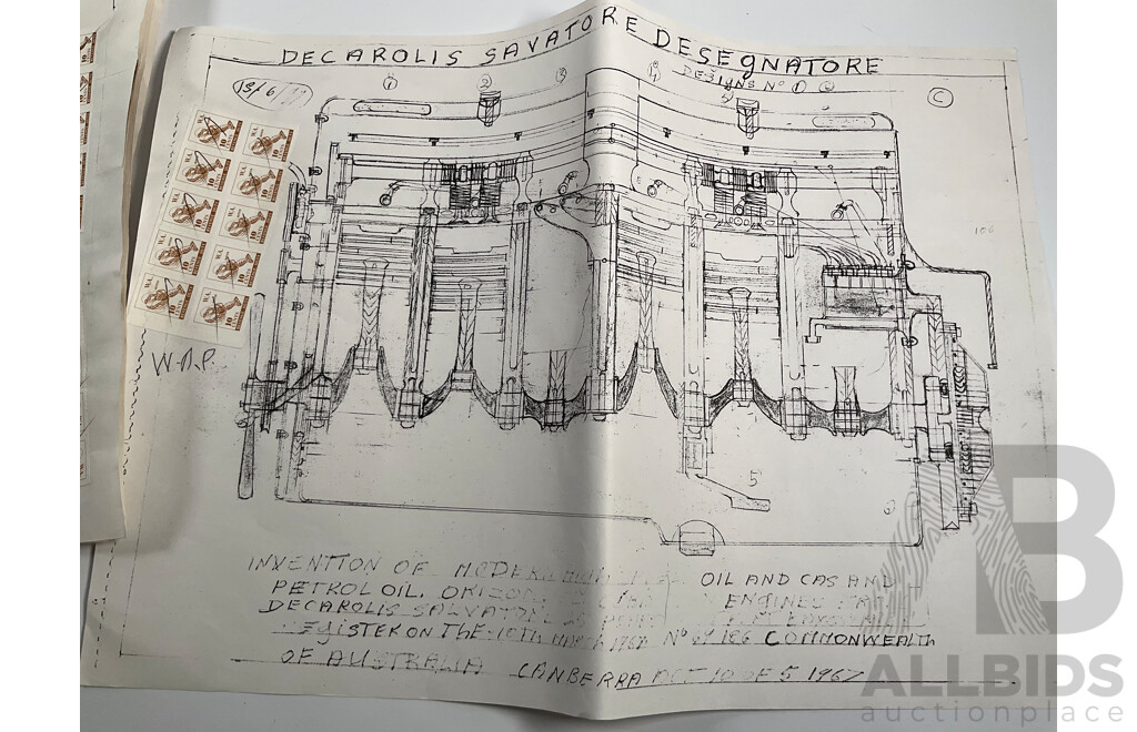 Collection of Vintage Drawings Submitted to Patent Office, Radial Engine, Six Cylinder Heads, Inlet/Outlet Valve Train, All with Western Australia Revenue Stamps
