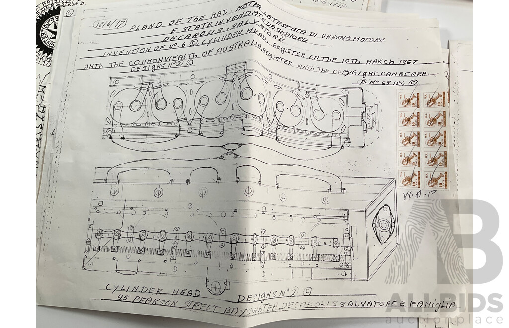 Collection of Vintage Drawings Submitted to Patent Office, Radial Engine, Six Cylinder Heads, Inlet/Outlet Valve Train, All with Western Australia Revenue Stamps