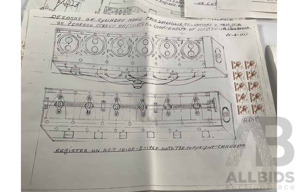 Collection of Vintage Drawings Submitted to Patent Office, Radial Engine, Six Cylinder Heads, Inlet/Outlet Valve Train, All with Western Australia Revenue Stamps