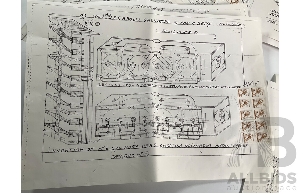 Collection of Vintage Drawings Submitted to Patent Office, Radial Engine, Six Cylinder Heads, Inlet/Outlet Valve Train, All with Western Australia Revenue Stamps