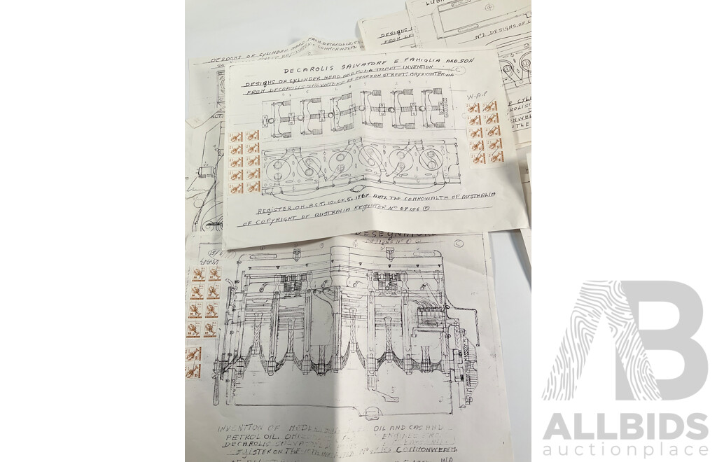 Collection of Vintage Drawings Submitted to Patent Office, Radial Engine, Six Cylinder Heads, Inlet/Outlet Valve Train, All with Western Australia Revenue Stamps