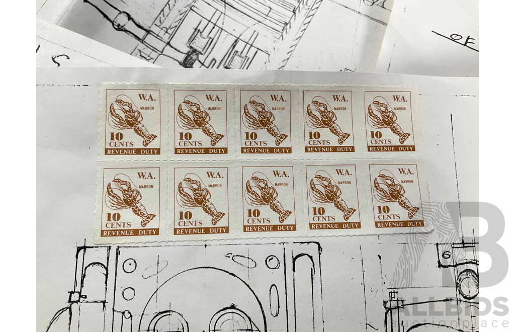 Collection of Vintage Drawings Submitted to Patent Office, Radial Engine, Six Cylinder Heads, Inlet/Outlet Valve Train, All with Western Australia Revenue Stamps