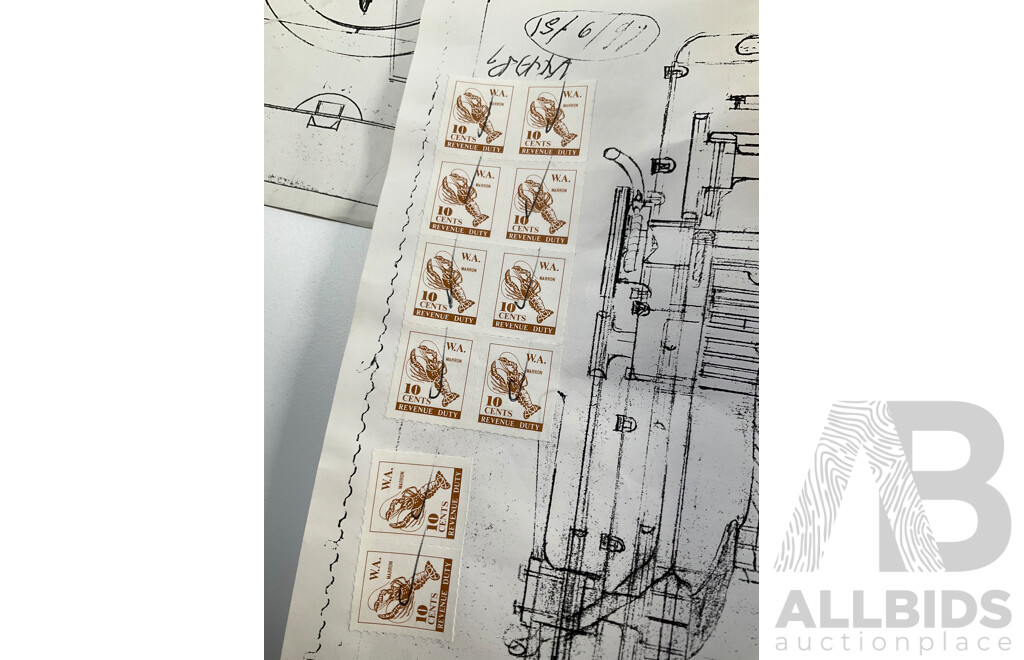 Collection of Vintage Drawings Submitted to Patent Office, Radial Engine, Six Cylinder Heads, Inlet/Outlet Valve Train, All with Western Australia Revenue Stamps