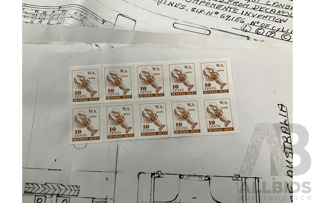 Collection of Vintage Drawings Submitted to Patent Office, Radial Engine, Six Cylinder Heads, Inlet/Outlet Valve Train, All with Western Australia Revenue Stamps