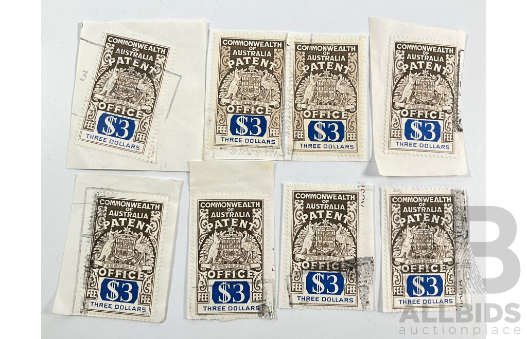 Eight Commonwealth of Australia Patent Office Three Dollar Stamps, Series Two