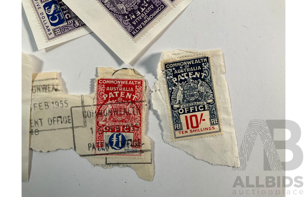 Collection of Commonwealth of Australia Patent Office Stamps Including Series One Ten Shillings and One Pound, Series Two Five Dollars