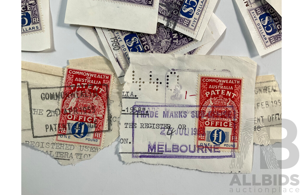 Collection of Commonwealth of Australia Patent Office Stamps Including Series One Ten Shillings and One Pound, Series Two Five Dollars