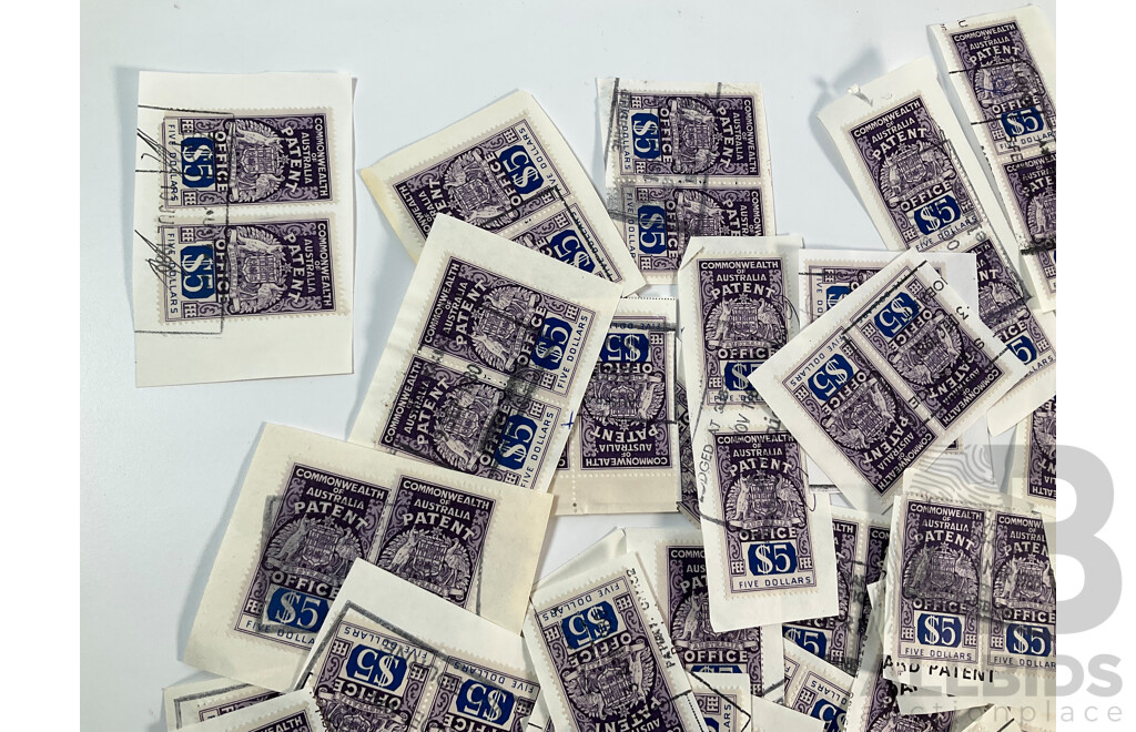 Collection of Commonwealth of Australia Patent Office Stamps Including Series One Ten Shillings and One Pound, Series Two Five Dollars