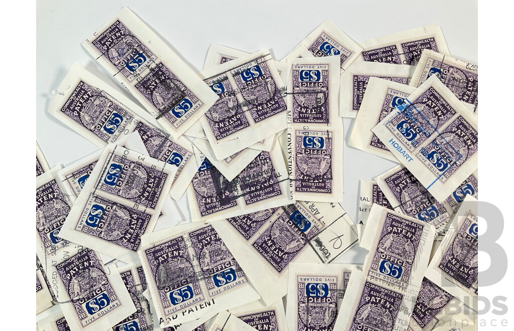 Collection of Commonwealth of Australia Patent Office Stamps Including Series One Ten Shillings and One Pound, Series Two Five Dollars