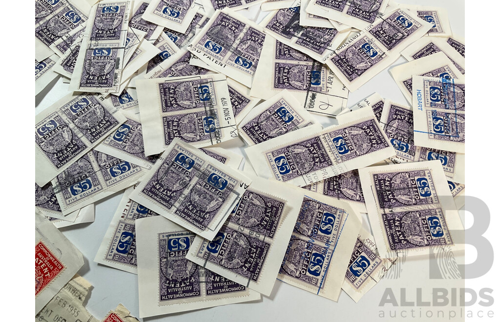 Collection of Commonwealth of Australia Patent Office Stamps Including Series One Ten Shillings and One Pound, Series Two Five Dollars