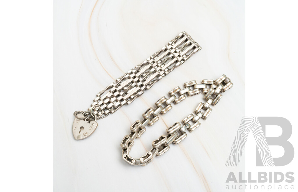 Vintage Sterling Silver Gate Bracelet with Heart Padlock and Sterling Silver Booklink Bracelet, 46.17 Grams
