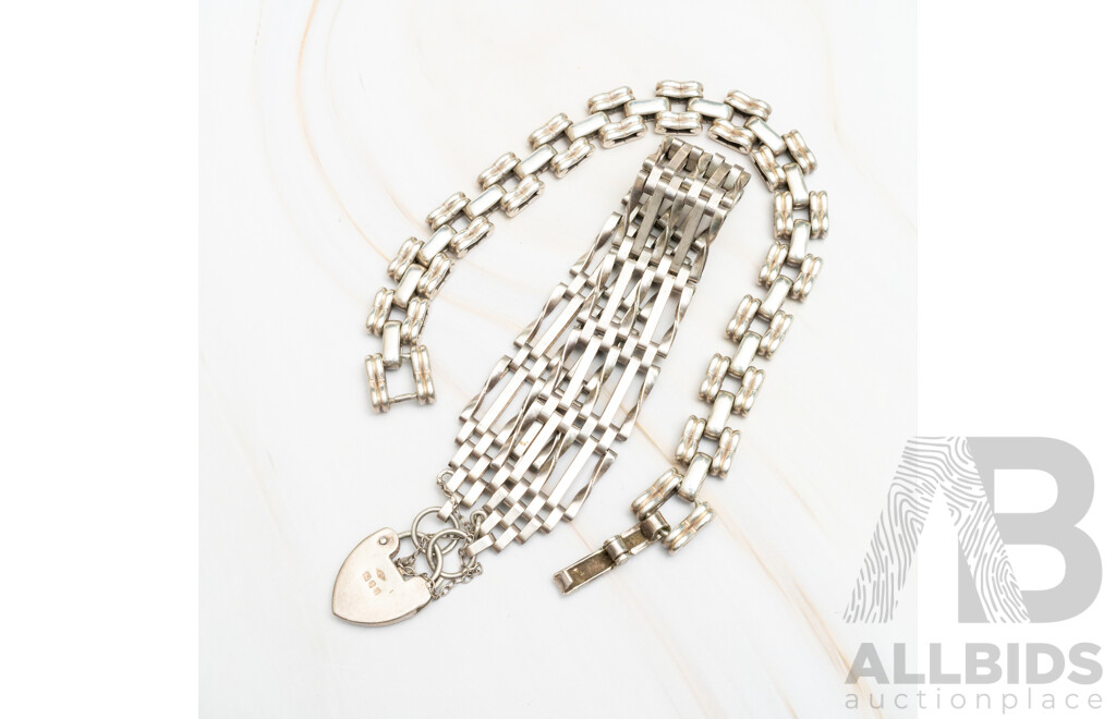 Vintage Sterling Silver Gate Bracelet with Heart Padlock and Sterling Silver Booklink Bracelet, 46.17 Grams