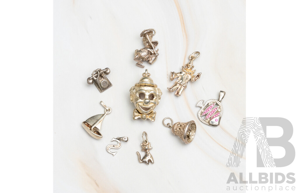 Vintage Sterling Silver Collection of (9) Unused Charms in Various Themes