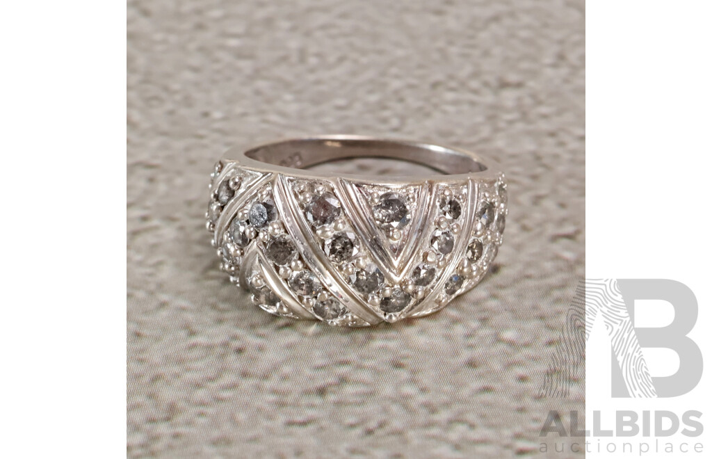 Sterling Silver Salt & Pepper Diamond Cluster Dome Ring, TDW 0.60ct, Size O, 5.07 Grams