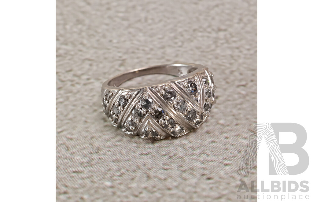 Sterling Silver Salt & Pepper Diamond Cluster Dome Ring, TDW 0.60ct, Size O, 5.07 Grams