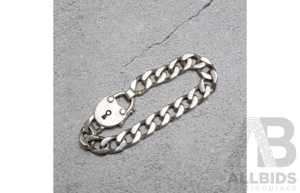 Vintage Solid Sterling Silver Men's Flat Curb Link Padlock Bracelet, 20.5cm, 49.68 Grams